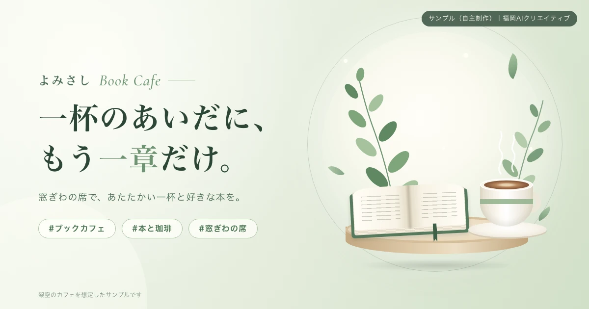 横長のバナー。左に「よみさし Book Cafe」と見出し「一杯のあいだに、もう一章だけ。」、右に光の円の中の開いた本とコーヒーカップ、葉の枝