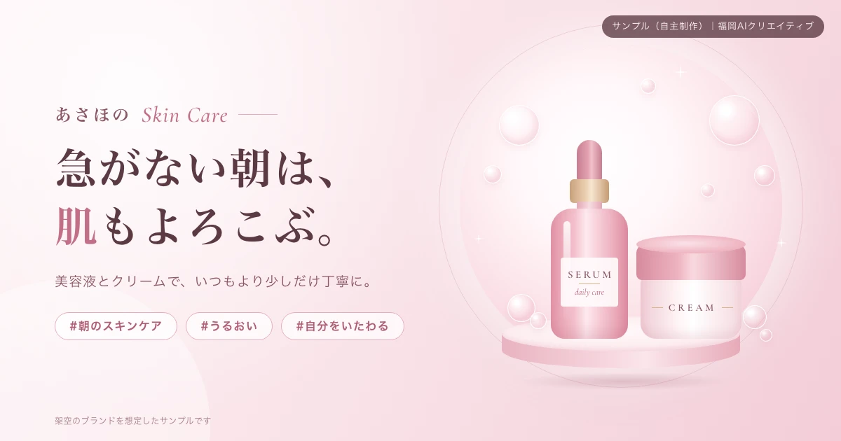 横長のバナー。左に「あさほの Skin Care」と見出し「急がない朝は、肌もよろこぶ。」、右に光の円の中の美容液のボトルとクリームの瓶